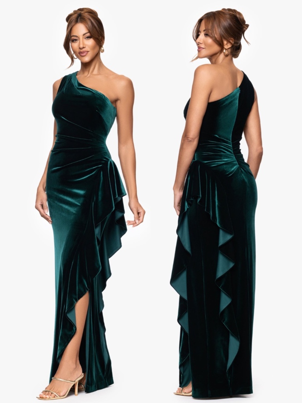 NEW XSCAPE Hunter Green ONE SHOULDER Ruched RUFFLE SIDE Stretch VELVET GOWN 6